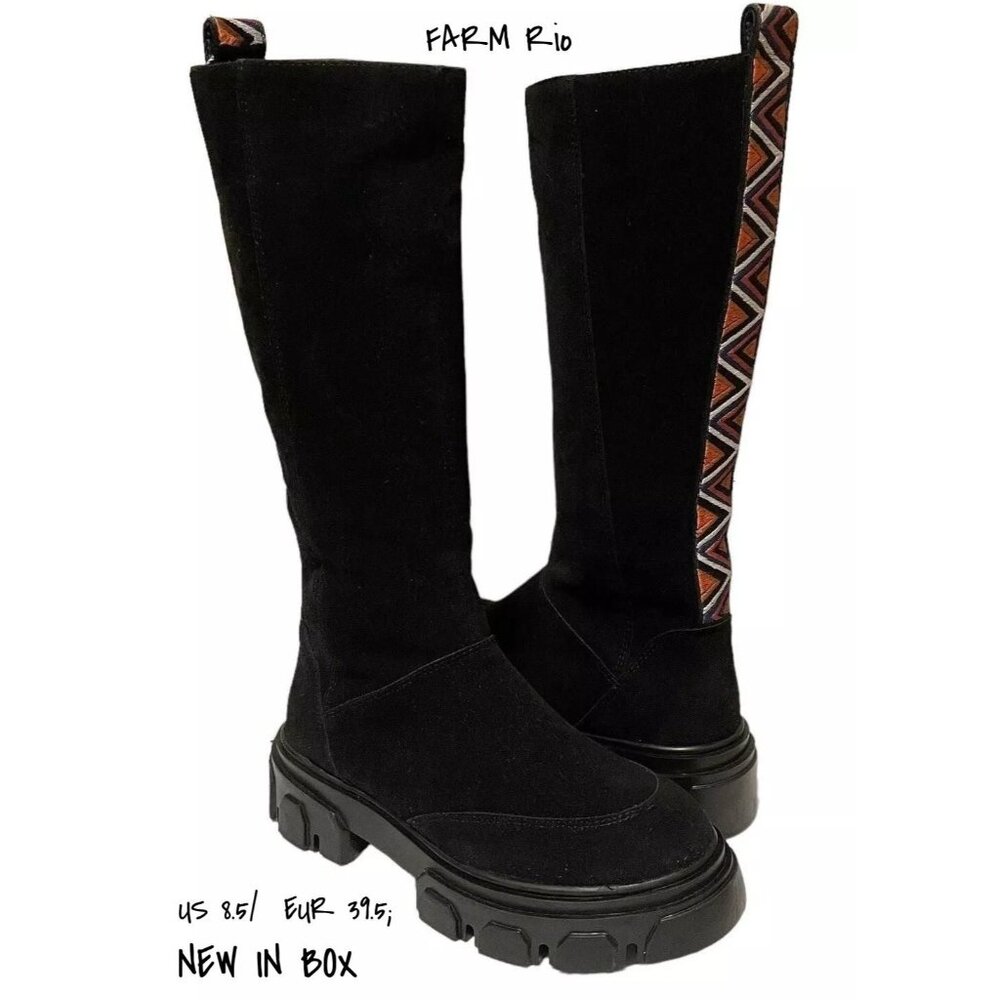 Farm Rio Knee High Suede Tall Boots with Lug Sole in Black, Size 8.5 New In Box